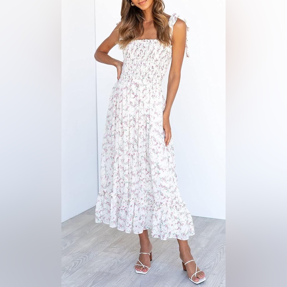 Tie Strap Floral Dress Square Neck A Line Smocked Maxi Dress